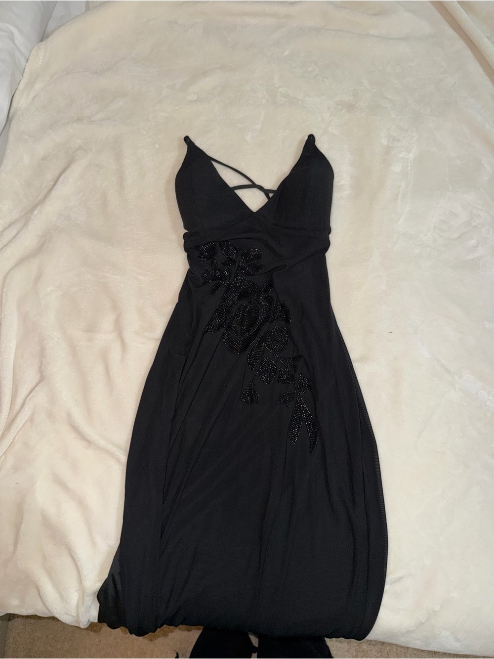 Black Beaded V-Neck Evening Dress with Spaghetti Straps